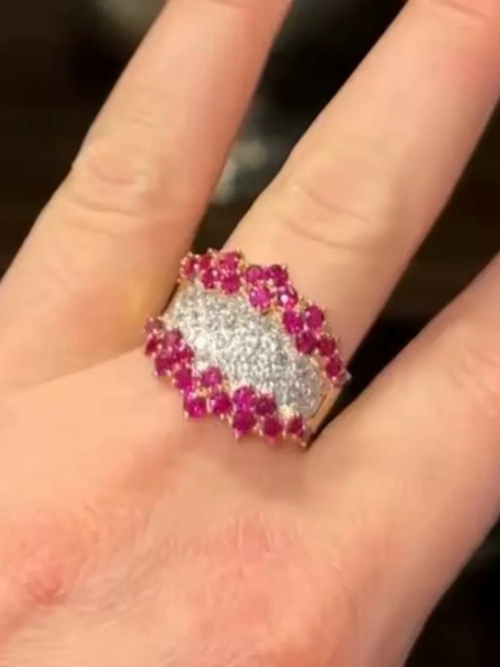 Gold Ring with Pink Gemstones and Clear Crystals